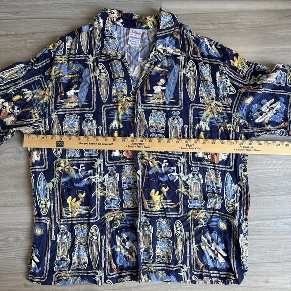 Disney Store Mens Tiki Mickey Donald Surfing Blue Hawaiian Shirt Size XL Aloha - Picture 5 of 9